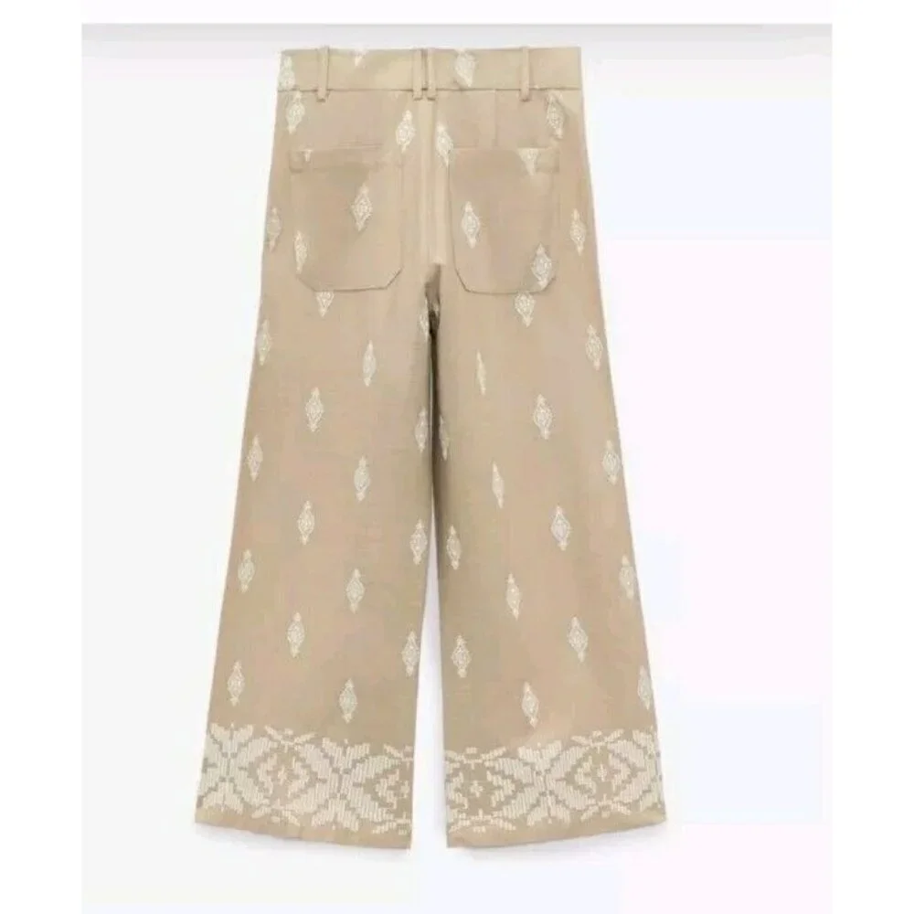 ZARA Linen Blend Embroidered Wide Leg Crop Pants Beige Blogger F 2731 047